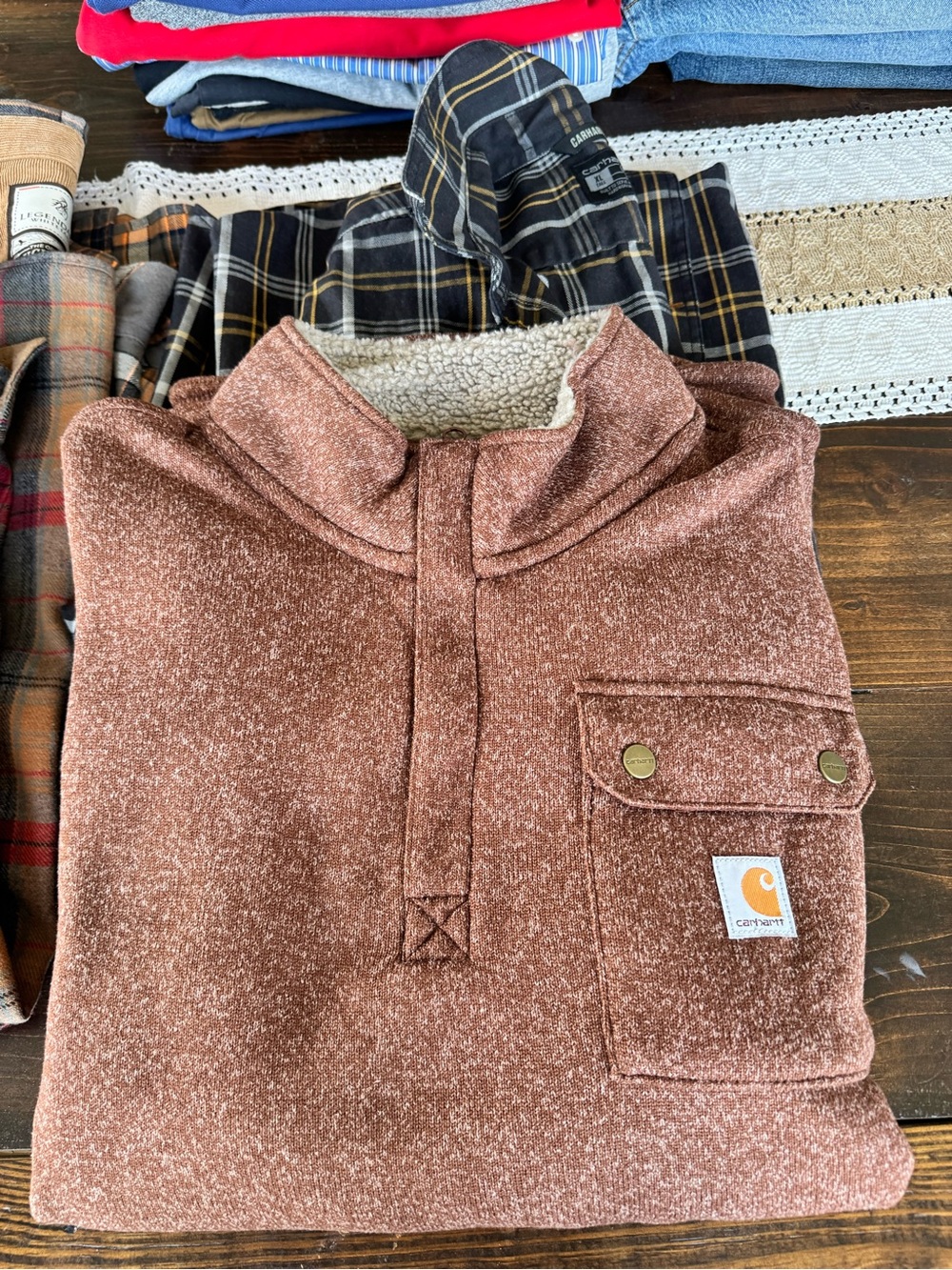 Carhartt Heather Rust Sherpa-Lined Pullover and Carhartt button up shirt